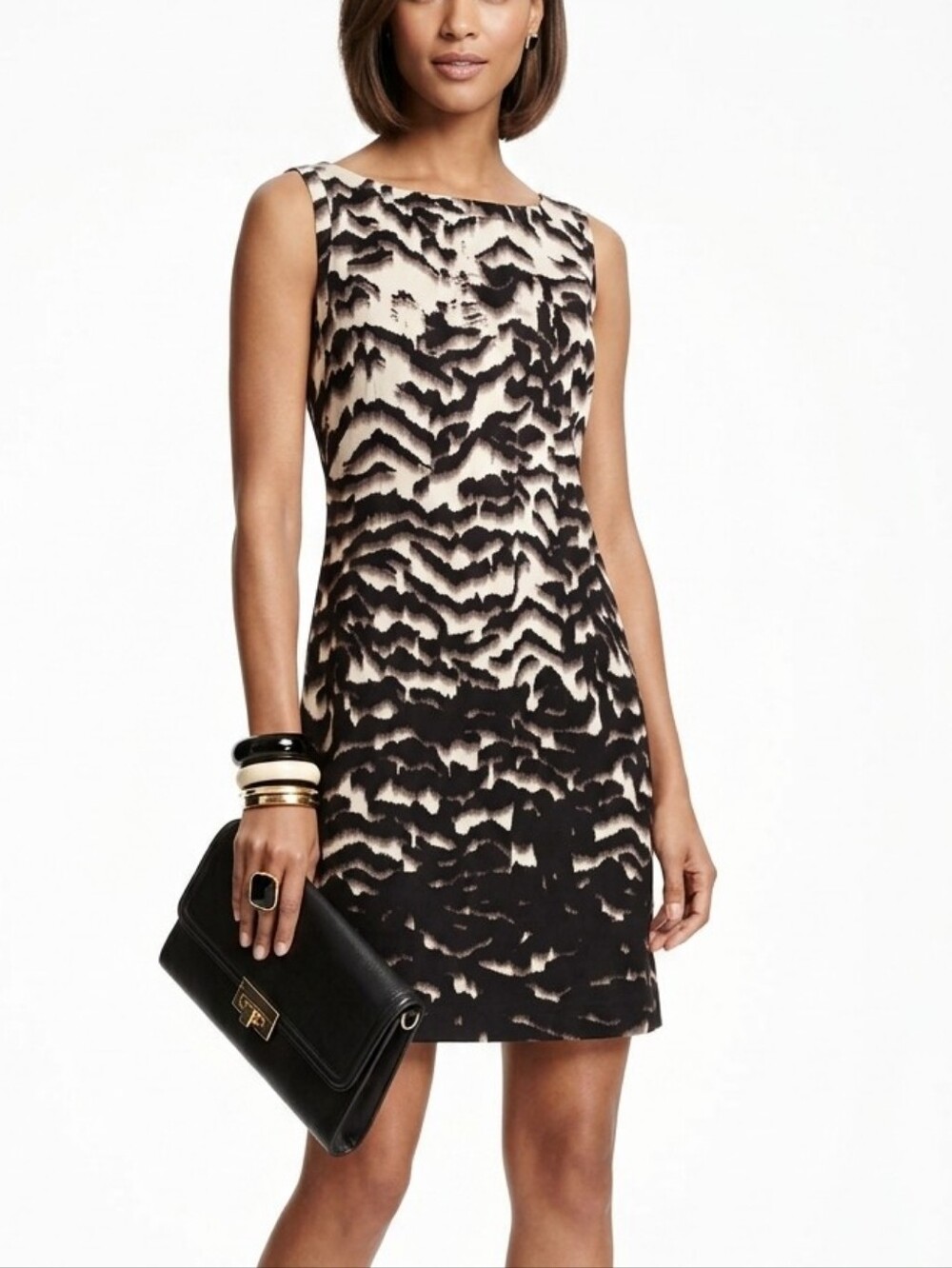 Banana Republic Silk Wool Zebra Ikat Shift Dress Size 6 Black Cream Lined